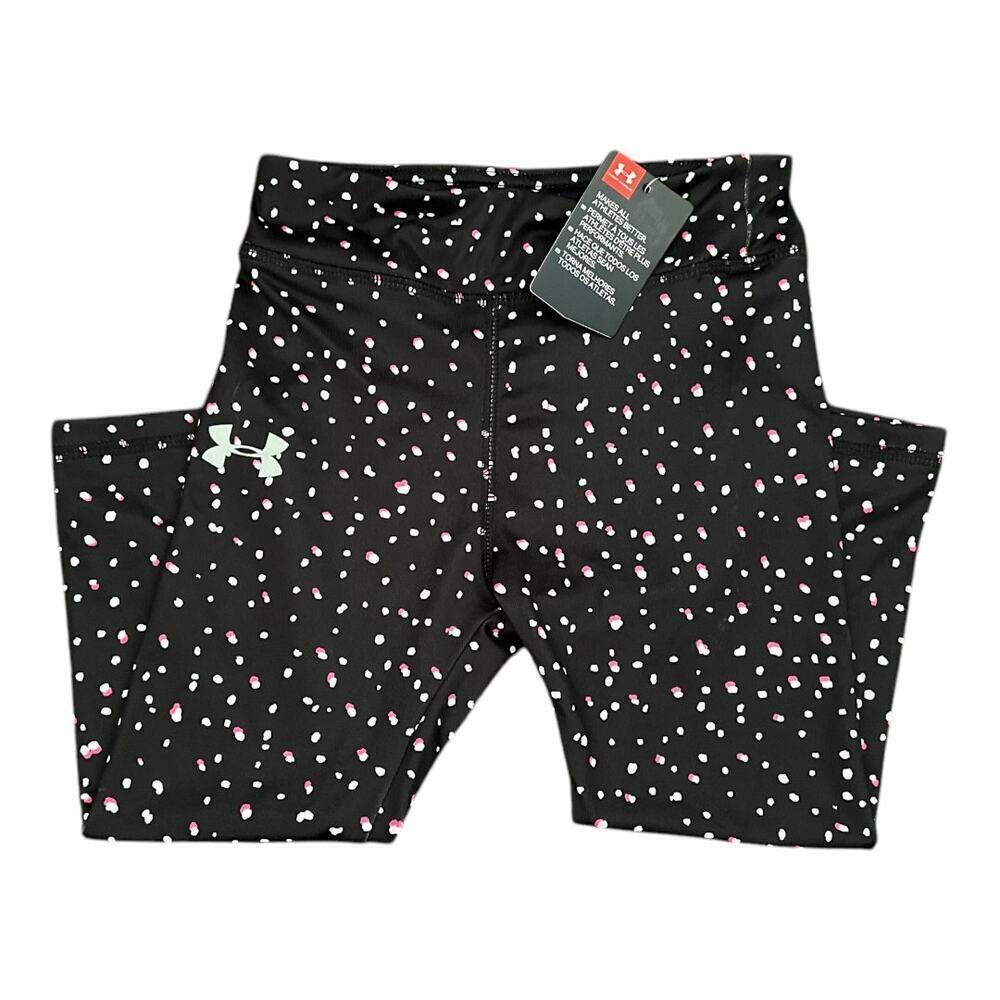 NWT Under Armour Girls Size 5 Capri Leggings Black With White & Pink Dot…​
